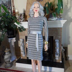 New M MISSONI Silver & Black Zig-Zag Lurex Knit Belted Sheath Dress Size US 4
